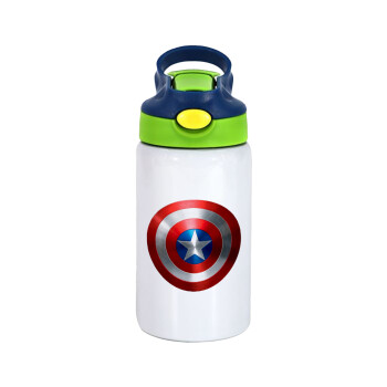 Captain America, Children's hot water bottle, stainless steel, with safety straw, green, blue (350ml)