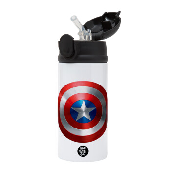 Captain America, Children's hot water bottle, stainless steel, with safety straw, Black (360ml) BPA-FREE