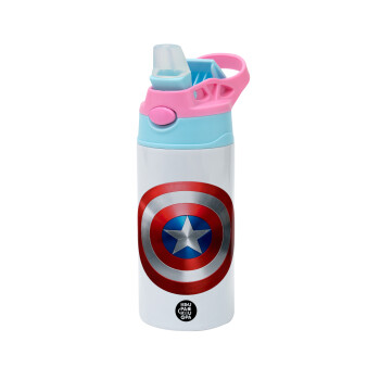 Captain America, Children's hot water bottle, stainless steel, with safety straw, Pink/BlueCiel (360ml) BPA FREE