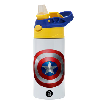 Captain America, Children's hot water bottle, stainless steel, with safety straw, green, blue (360ml) BPA FREE