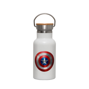 Captain America, Metallic thermos (Stainless steel) White with wooden lid (bamboo), double-walled, 350ml