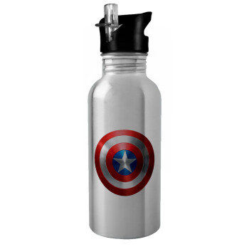 Captain America, Water bottle Silver with straw, stainless steel 600ml