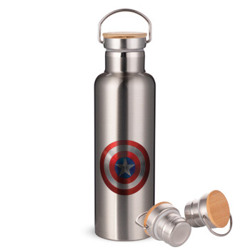 Captain America, Stainless steel Silver with wooden lid (bamboo), double wall, 750ml