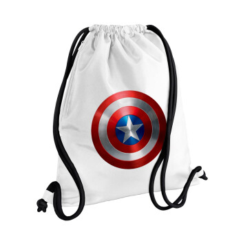 Captain America, Τσάντα πλάτης πουγκί GYMBAG λευκή, με τσέπη (40x48cm) & χονδρά κορδόνια