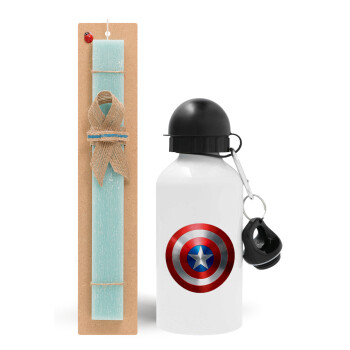 Captain America, Easter Set, metallic aluminum water bottle (500ml) & scented flat candle (30cm) (TURQUOISE)