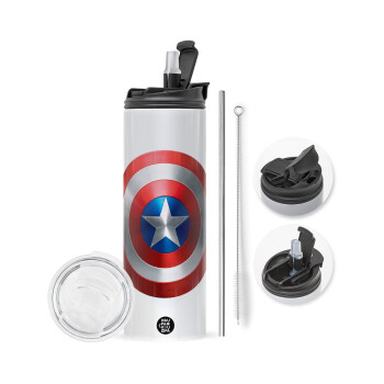 Captain America, Travel Tumbler θερμό με διπλό καπάκι, μεταλλικό καλαμάκι και βούρτσα καθαρισμού (Ανωξείδωτο 304 Food grade, BPA free, 600ml)