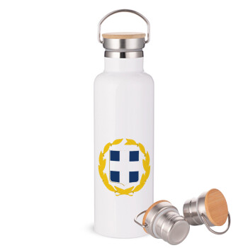 Hellas Εθνόσημο, Stainless steel White with wooden lid (bamboo), double wall, 750ml