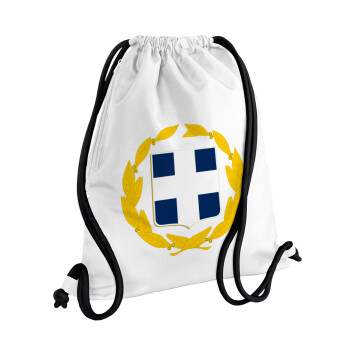 Hellas Εθνόσημο, Τσάντα πλάτης πουγκί GYMBAG λευκή, με τσέπη (40x48cm) & χονδρά κορδόνια