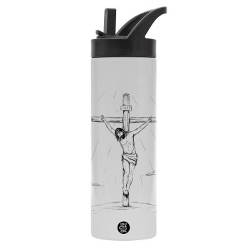 Jesus Christ , Metallic thermos bottle with straw & handle, stainless steel (Stainless steel 304), double-walled, 600ml.