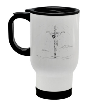 Jesus Christ , Stainless steel travel mug with lid, double wall white 450ml