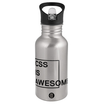 CSS is awesome, Water bottle Silver with straw, stainless steel 500ml