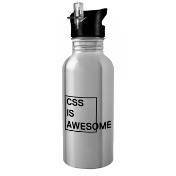 CSS is awesome, Water bottle Silver with straw, stainless steel 600ml