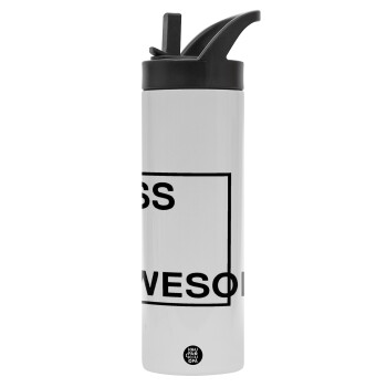 CSS is awesome, Metallic thermos bottle with straw & handle, stainless steel (Stainless steel 304), double-walled, 600ml.