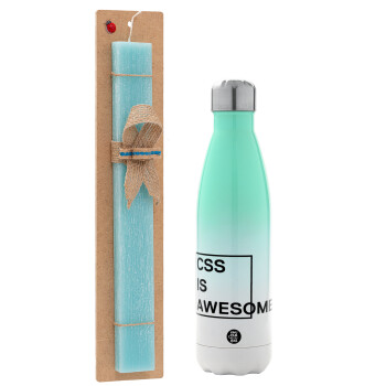 CSS is awesome, Easter Set, Metallic green/white thermos (Stainless steel), double-walled, 500ml & scented flat Easter candle (30cm) (TURQUOISE)