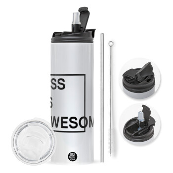 CSS is awesome, Travel Tumbler 2 Lids, with metal straw & cleaning brush (Stainless steel 304 Food grade, BPA free, 600ml)