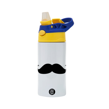 moustache, Children's hot water bottle, stainless steel, with safety straw, green, blue (360ml) BPA FREE