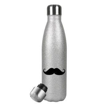 moustache, Metallic Glitter Silver Thermos Flask (Stainless steel), double-walled, 500ml