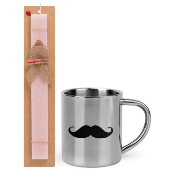 moustache, Πασχαλινό Σετ, μεταλλική κούπα θερμό (300ml) & πασχαλινή λαμπάδα αρωματική πλακέ (30cm) (ΡΟΖ)