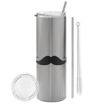 moustache, Eco friendly stainless steel Silver tumbler 600ml, with metal straw & cleaning brush