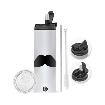 moustache, Travel Tumbler 2 Lids, with metal straw & cleaning brush (Stainless steel 304 Food grade, BPA free, 600ml)