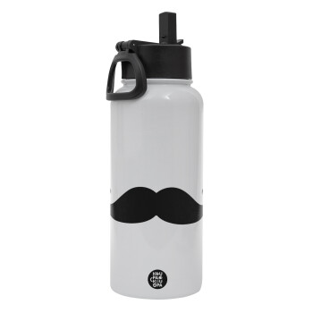 moustache, Metal mug thermo White with Straw and Spout Lid (Stainless steel), double wall, 950ml