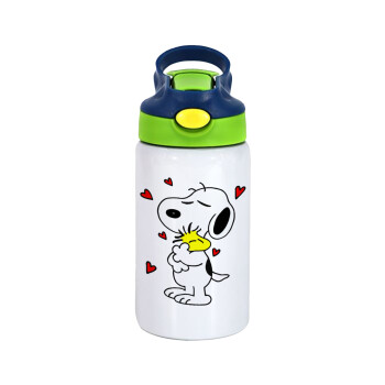Snoopy Love, Children's hot water bottle, stainless steel, with safety straw, green, blue (350ml)