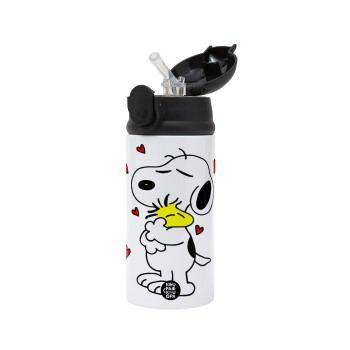 Snoopy Love, Children's hot water bottle, stainless steel, with safety straw, Black (360ml) BPA-FREE