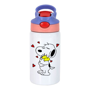 Snoopy Love, Παιδικό παγούρι θερμό, ανοξείδωτο, με καλαμάκι ασφαλείας, ροζ/μωβ (350ml)