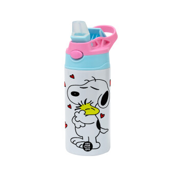 Snoopy Love, Children's hot water bottle, stainless steel, with safety straw, Pink/BlueCiel (360ml) BPA FREE