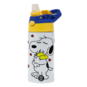 Snoopy Love, Children's hot water bottle, stainless steel, with safety straw, green, blue (360ml) BPA FREE