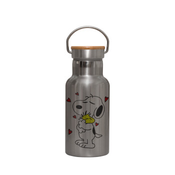 Snoopy Love, Stainless steel metallic thermos flask, silver with a bamboo lid, double-walled, 350ml.