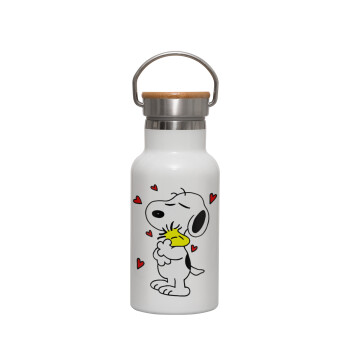 Snoopy Love, Metallic thermos (Stainless steel) White with wooden lid (bamboo), double-walled, 350ml