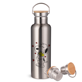 Snoopy Love, Stainless steel Silver with wooden lid (bamboo), double wall, 750ml