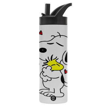 Snoopy Love, Metallic thermos bottle with straw & handle, stainless steel (Stainless steel 304), double-walled, 600ml.