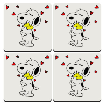 Snoopy Love, ΣΕΤ 4 Σουβέρ ξύλινα τετράγωνα (9cm)