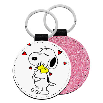 Snoopy Love, Μπρελόκ Δερματίνη, στρογγυλό ΡΟΖ (5cm)