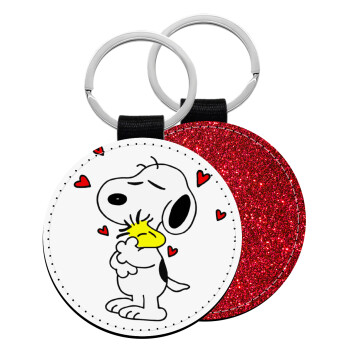 Snoopy Love, Μπρελόκ Δερματίνη, στρογγυλό ΚΟΚΚΙΝΟ (5cm)