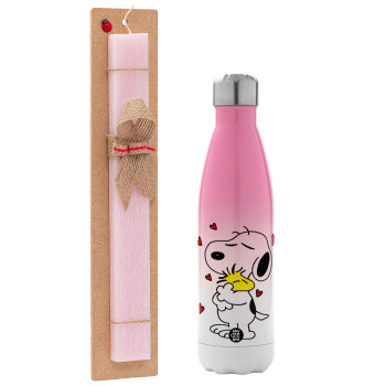 Snoopy Love, Easter Set, Metallic pink/white (Stainless steel) thermos, double-walled, 500ml & aromatic flat Easter candle (30cm) (PINK)