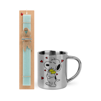 Snoopy Love, Πασχαλινό Σετ, μεταλλική κούπα θερμό (300ml) & πασχαλινή λαμπάδα αρωματική πλακέ (30cm) (ΤΙΡΚΟΥΑΖ)