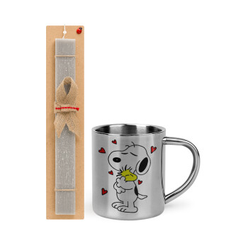 Snoopy Love, Πασχαλινό Σετ, μεταλλική κούπα θερμό (300ml) & πασχαλινή λαμπάδα αρωματική πλακέ (30cm) (ΓΚΡΙ)