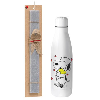 Snoopy Love, Πασχαλινό Σετ, μεταλλικό παγούρι Inox (700ml) & πασχαλινή λαμπάδα αρωματική πλακέ (30cm) (ΓΚΡΙ)