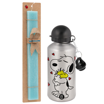 Snoopy Love, Easter Set, metallic silver aluminum water bottle (500ml) & scented flat Easter candle (30cm) (TURQUOISE)