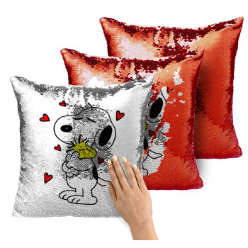 Snoopy Love, Μαξιλάρι καναπέ Μαγικό Κόκκινο με πούλιες 40x40cm περιέχεται το γέμισμα