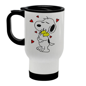 Snoopy Love, Stainless steel travel mug with lid, double wall white 450ml