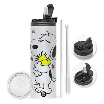 Snoopy Love, Travel Tumbler θερμό με διπλό καπάκι, μεταλλικό καλαμάκι και βούρτσα καθαρισμού (Ανωξείδωτο 304 Food grade, BPA free, 600ml)