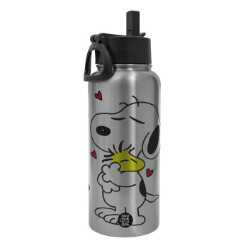 Snoopy Love, Metal mug thermo Silver with Straw and Spout Lid (Stainless steel), double wall, 950ml