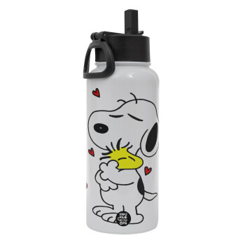 Snoopy Love, Metal mug thermo White with Straw and Spout Lid (Stainless steel), double wall, 950ml