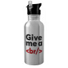 Water bottle Silver with straw, stainless steel 600ml