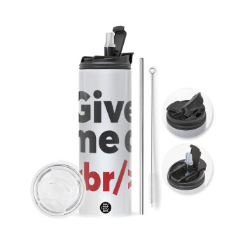 Give me a <br/>, Travel Tumbler θερμό με διπλό καπάκι, μεταλλικό καλαμάκι και βούρτσα καθαρισμού (Ανωξείδωτο 304 Food grade, BPA free, 600ml)