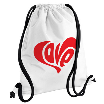 Love, Τσάντα πλάτης πουγκί GYMBAG λευκή, με τσέπη (40x48cm) & χονδρά κορδόνια